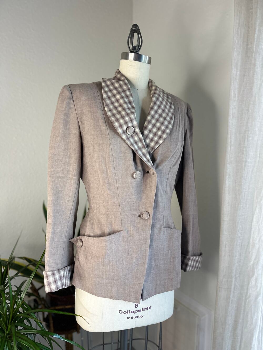 Walther Women's M Blazer Taupe Wool Gingham Collar Retro Button Front Vintage